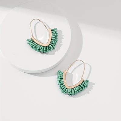 TEMU 1 Pair Chic Handcrafted Beaded V-shaped Earrings, Fashionable Bohemian Style Jewelry For Women, Resin , Alloy Base, Stainless Steel Post, For Vacation And All Image