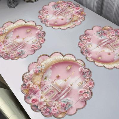 TEMU Set Of 4 Pink Wreath Background Pattern Round Waves Placemats, Ramadan Placemats, Non-slip Fabric Table Mats, Heat Resistant, Only, Festive Decor For Dining & Party - 15