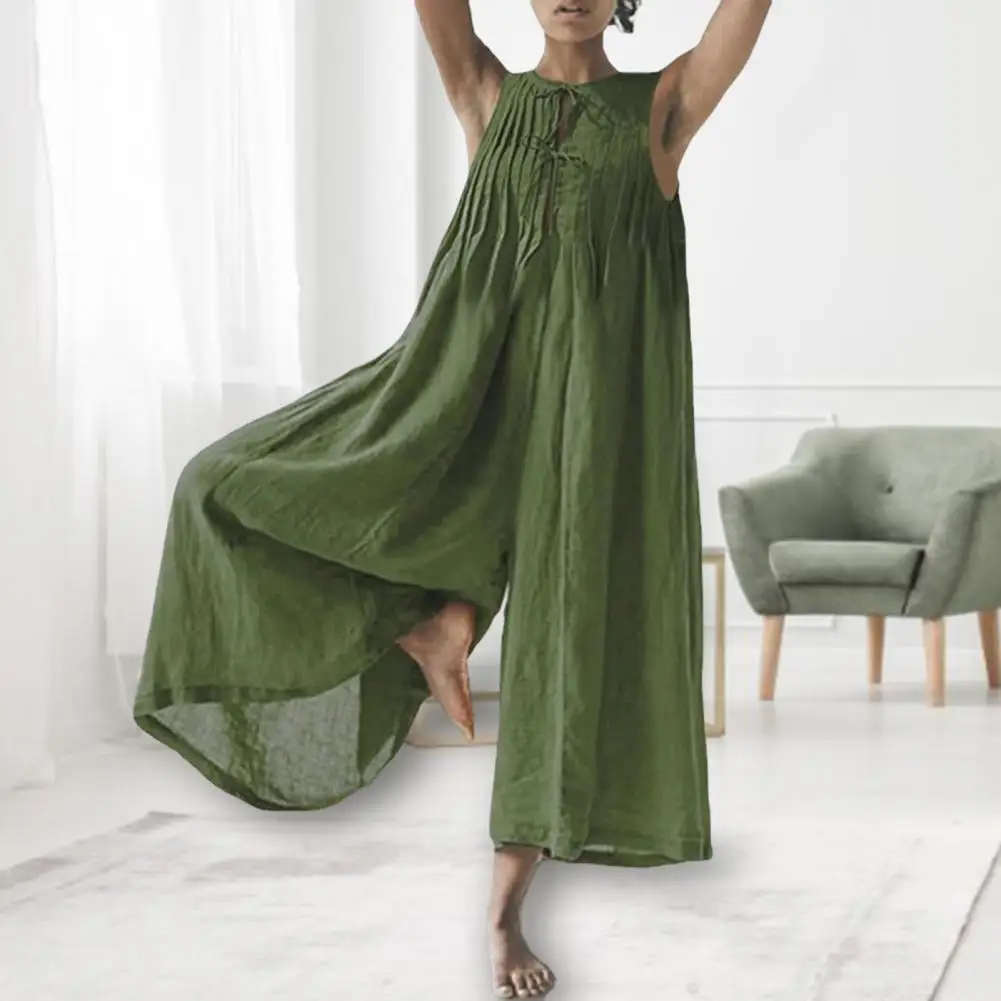 Eleganter Overall mit langen, weitem Bein und Hosen, Retro-Plissee, locker, ärmellos, mit Schnürung vorne, dünne Damen-Overalls, Boho-Strand-Overall 2024 Image