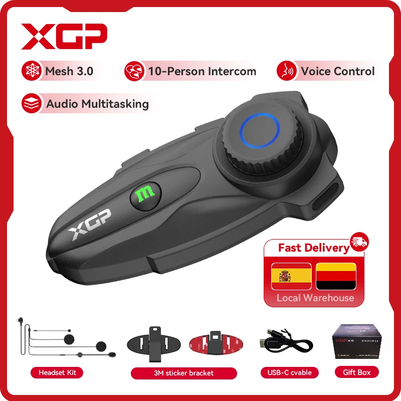 Xgp x10 Bluetooth-Motorrad kopfhörer für Helm Wireless Communication Mesh 3.0, Multifunktions-Audio für 10 Motorrad fahrer Image