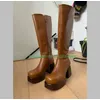 Dame braun Vintage-Stil Metallic Pu Knie Stiefel Plattform Landebahn neu ankommen Schuhe Schuhe Sdie Reiß verschluss Herbst Punk Kleid Stiefel Größe 46