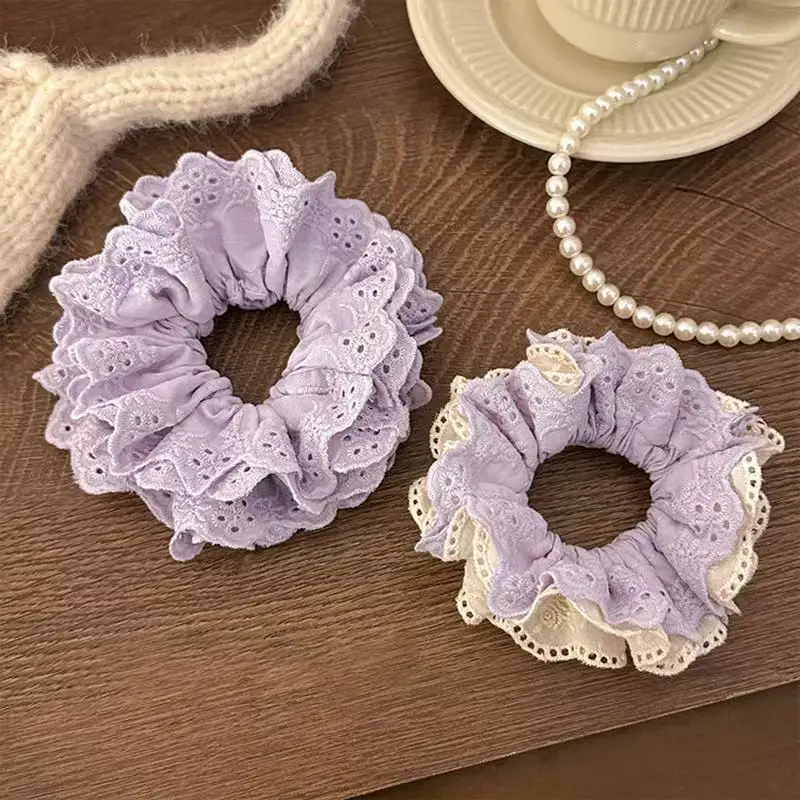 1pc French elegant purple and white contrasting lace lace bowel hair ring, ladies tie balls and ponytail leather band hair tie