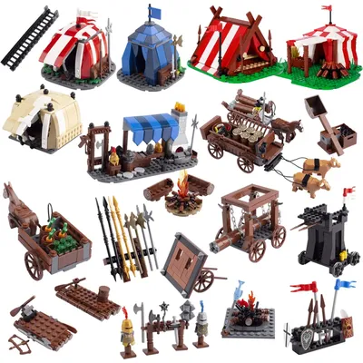Mittelalterliche Burg Ritter Siege Waffen Baustein Militär Soldat Figuren Zelt Streitwagen Lagerfeuer Kutsche Tier Ziegel Kind Spielzeug Image