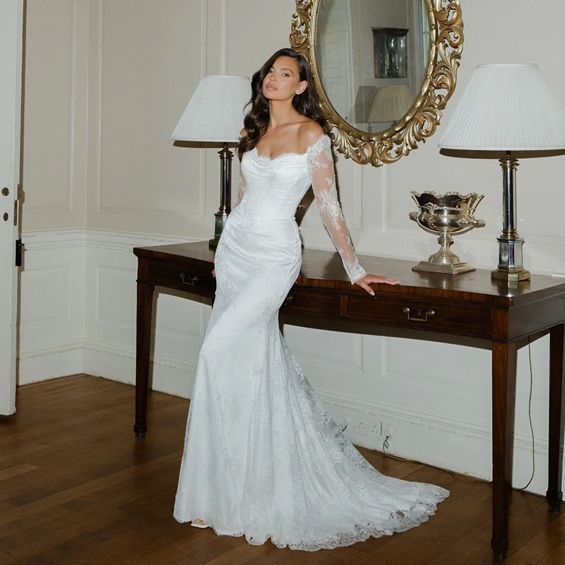 Eightree Frauen Meerjungfrau Brautkleider Weg Von Der Schulter Langarm Spitze Braut Kleid Boho Strand Hochzeit Prom Kleider Benutzerdefinierte Größe Image