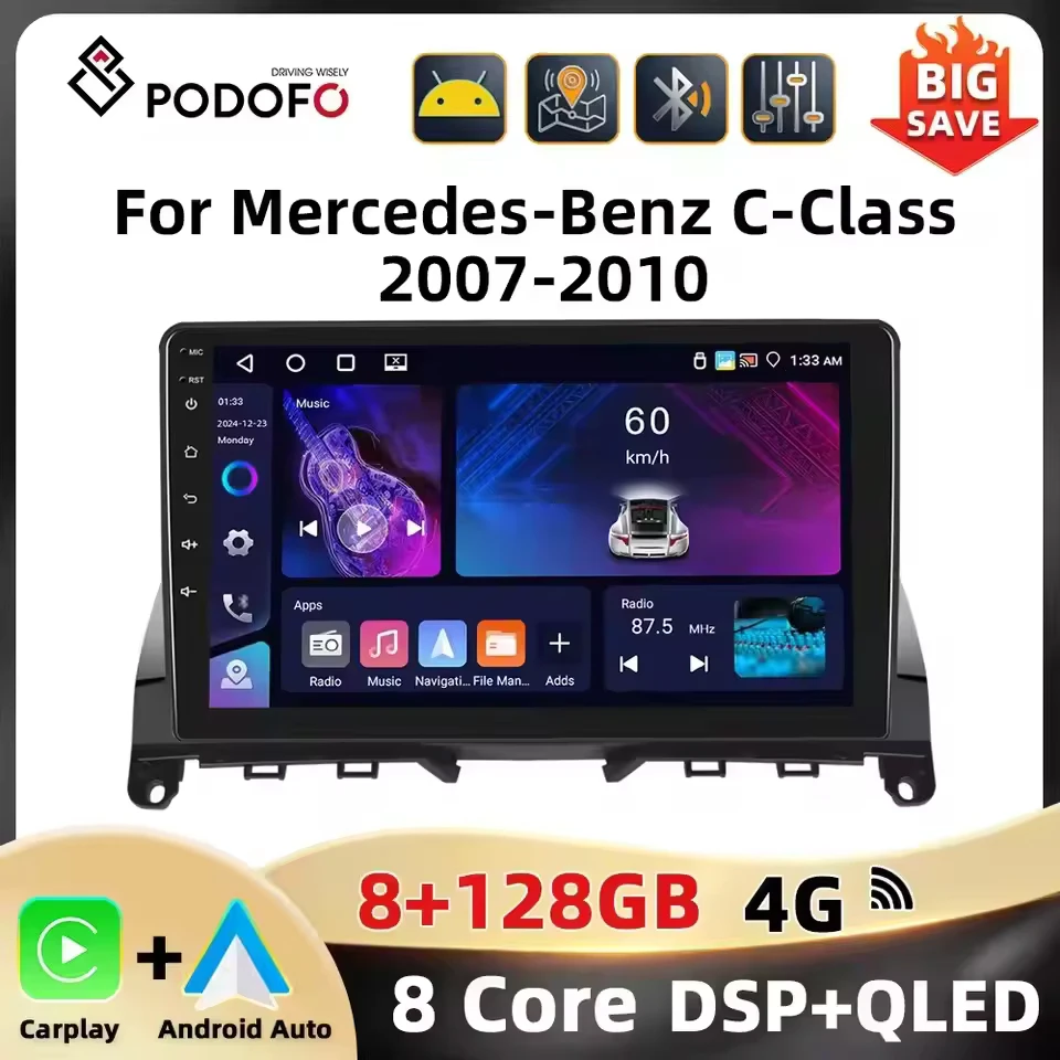 Podofo 2Din 9'' Car Radio For Mercedes-Benz C-Class W204 S204 2007-2010 Multimedia Player GPS Carplay Android Auto DSP BT RDS Image