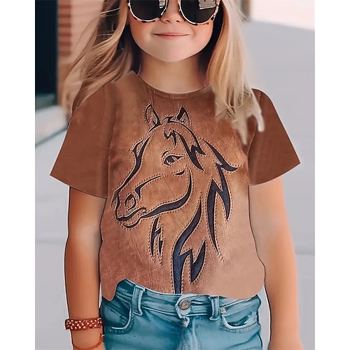 Mädchen 3D Pferd T-Shirt Kurzarm Sommer Frühling Mode Basic Kinder 4-12 Jahre Rundhalsausschnitt Outdoor Lässig Täglich Normale Passform Image