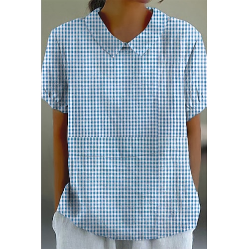 Damen Hemd Kunstbaumwollleinen Knöpfe Karomuster Täglich Stilvoll Basic Kurzarm Hemdkragen Normale Oberteile Täglich Ferien Ausgehen Blau Weiß Leicht Blau Sommer Image