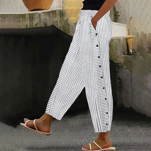 Damen Kunstbaumwollleinen Stoffhosen Sommerhose Hosen Hose Streetwear Lässig Volle Länge Natürliche Taille Gestreift Tasche Elastisches Kordelzugdesign Atmungsaktivität Weich Mikroelastisch Lässig Image