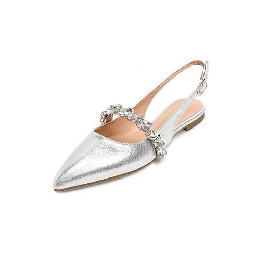 silberne, mit Strasssteinen verzierte Ballerinas mit spitzer Spitze – elegante Slingback-Schuhe für Bräute und den Abend Image