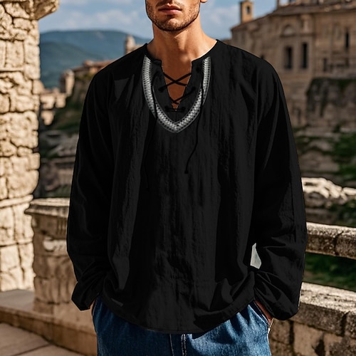 Retro Vintage Mittelalterlich Renaissance Hemd Pirat Wikinger Einfarbig Kostüm Herren Seeräuber Halloween Karneval Urlaub Alltagstauglich LARP Erwachsene Hemd Frühling Sommer Image