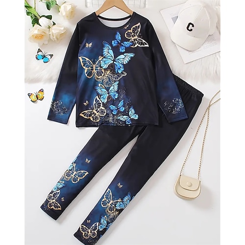 Mädchen 3D Schmetterling Schlafanzug-Sets T-Shirt Hose Schlafanzug-Sets Langarm 3D-Druck Herbst Winter Täglich Basic Kinder Ab 4 Jahren Rundhalsausschnitt Heim Täglich Normale Passform Image
