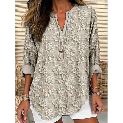 Women's Blouse Tunic V Neck Long Sleeve Boho Casual Cotton Linen Floral Basic Regular Tops Daily Buttons Print Pink Red Navy Blue Blue Purple