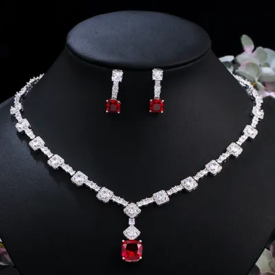 CWWZircons Chic Round and Square Cut Red Cubic Zirconia Women Wedding Party Jewelry Set Elegant