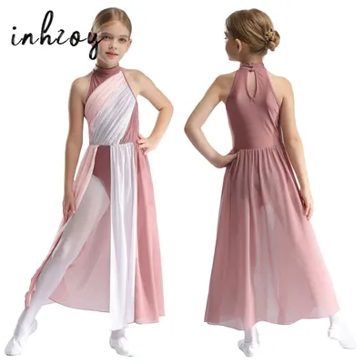 Girls Lyrical Dance Dress Color Block Sleeveless Mesh Split Leotard Ballet Figure Skating Gymnastics Stage Performance Costume