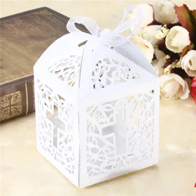 10pcs White Paper Boxes Wedding Party Favor Cross Paper Candy Gift Boxes With Ribbon