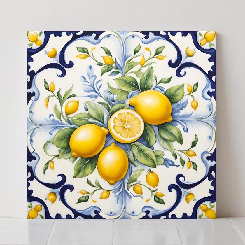 Piastrelle in ceramica maiolica color limone: decorazioni per cucina in stile mediterraneo italiano, decorazioni murali con limoni siciliani
