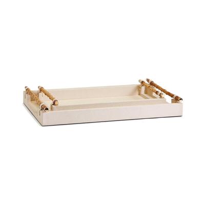 Two's Company Set Of 2 Cream Decorative Rectangle Trays With Bamboo Handles