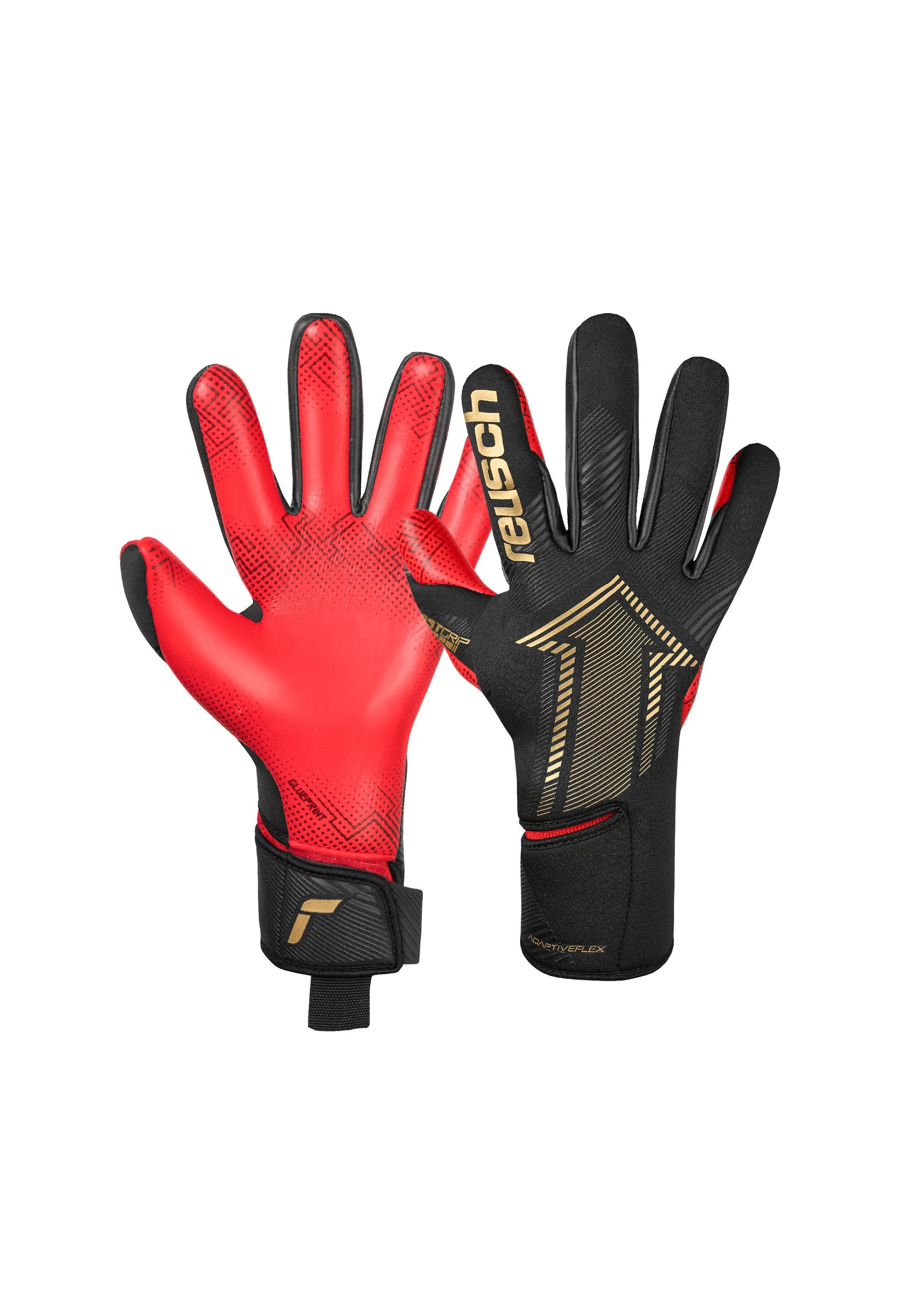 Torwarthandschuhe REUSCH "Fastgrip Gold X GluePrint", Damen, Gr. 8,5, schwarz (schwarz, rot), 58% Elastodien, 34% Polyester, 6% Polyurethan, 2% Polyamid, mehrfarbig, Handschuhe, mit Hybrid Negative Cut Image