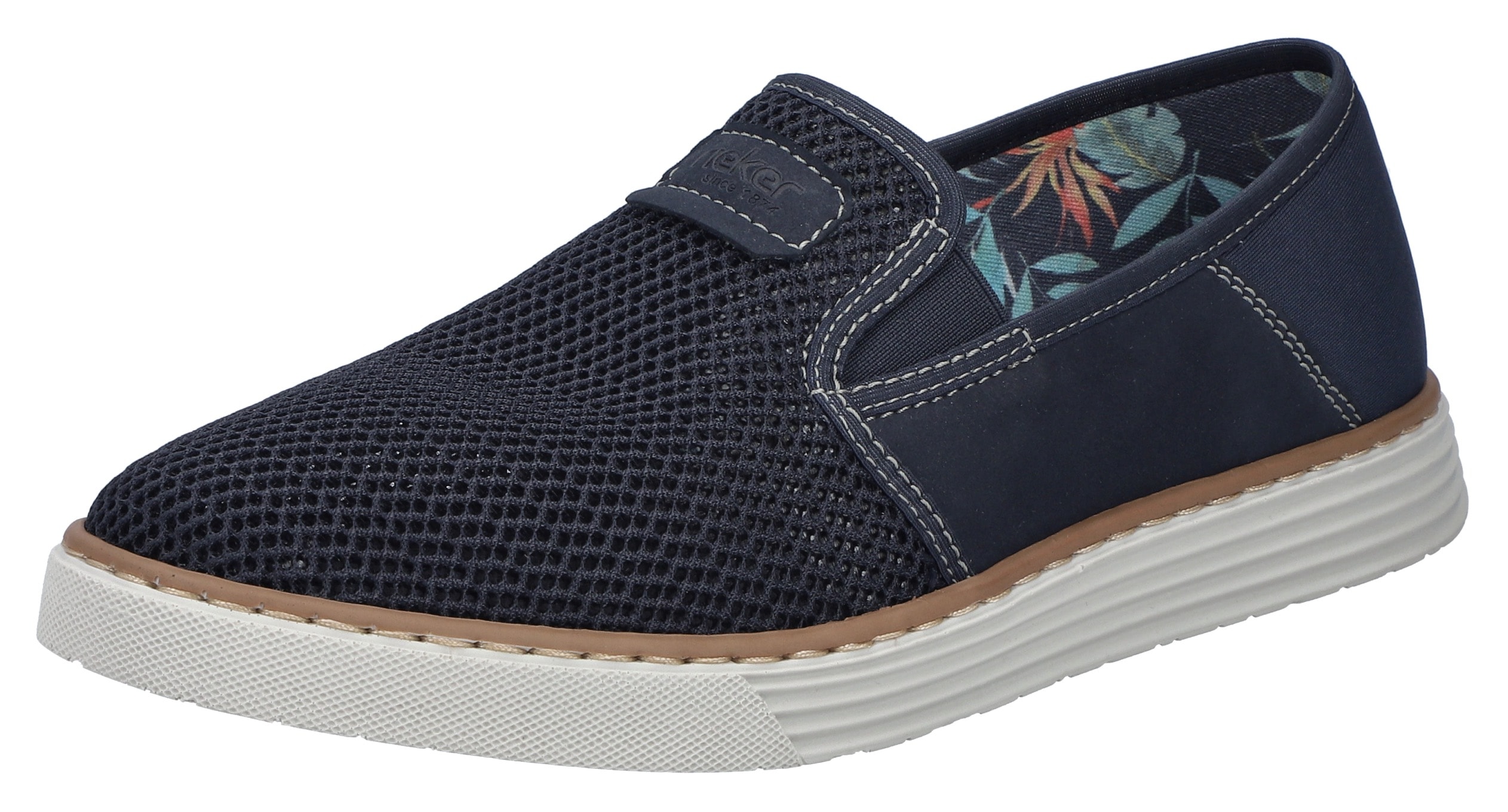 Slipper RIEKER, Herren, Gr. 46, blau (dunkelblau), Lederimitat, Textil, Schuhe Slipper, Espadrilles, Sommerschuh mit kontrastfarbenen Ziernähten
