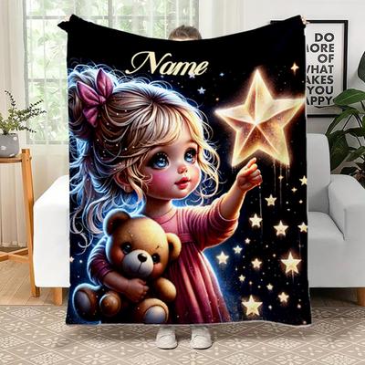TEMU Custom Name Star Princess Blanket - Soft Flannel Throw For , Personalized Gift With & Teddy , Warm Cozy Blanket For Bed, Sofa, Or Picnic Image