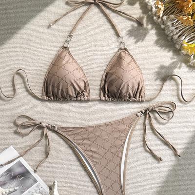 TEMU Fuba.vi Women's Sexy V-neck Pattern Bikini Set, High Stretch Knit Fabric, Side Laced Bottom, Sleeveless, Polyester 96%, Elastane 4%, 195g/m², For Beach Party Vacation Image