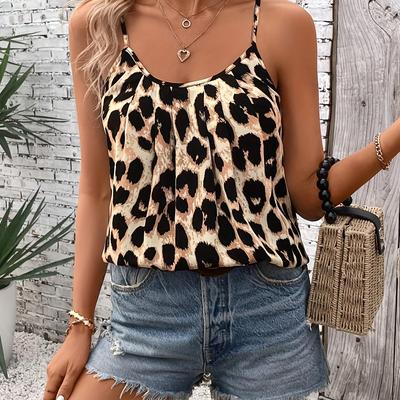 TEMU Women's Leopard Print Spaghetti Strap Tank Top - Sleeveless, Backless, Vibrant Animal Pattern, Summer & Spring Vacations, Casual , And Stylish Layering, Leopard Print Blouse Image