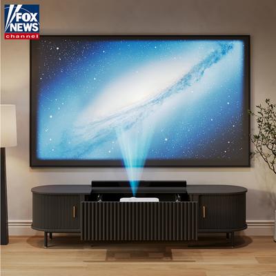 86" Mid-Century Modern Electric TV Stand for Projector, With Ultra-short Throw Projector Cabinet, Electrically Operated & Linkable to Projector, One-Click Automatic Telescopic Function, Remote Control,Vertical Slatted Design, Black