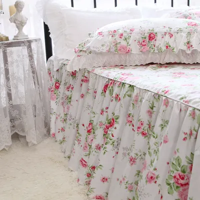 European Pastoral Style Rose Printed Bed Spread Garden Pure Cotton Skirt Type Bed Sheet Queen Bed Skirt Coverlet Bedspread