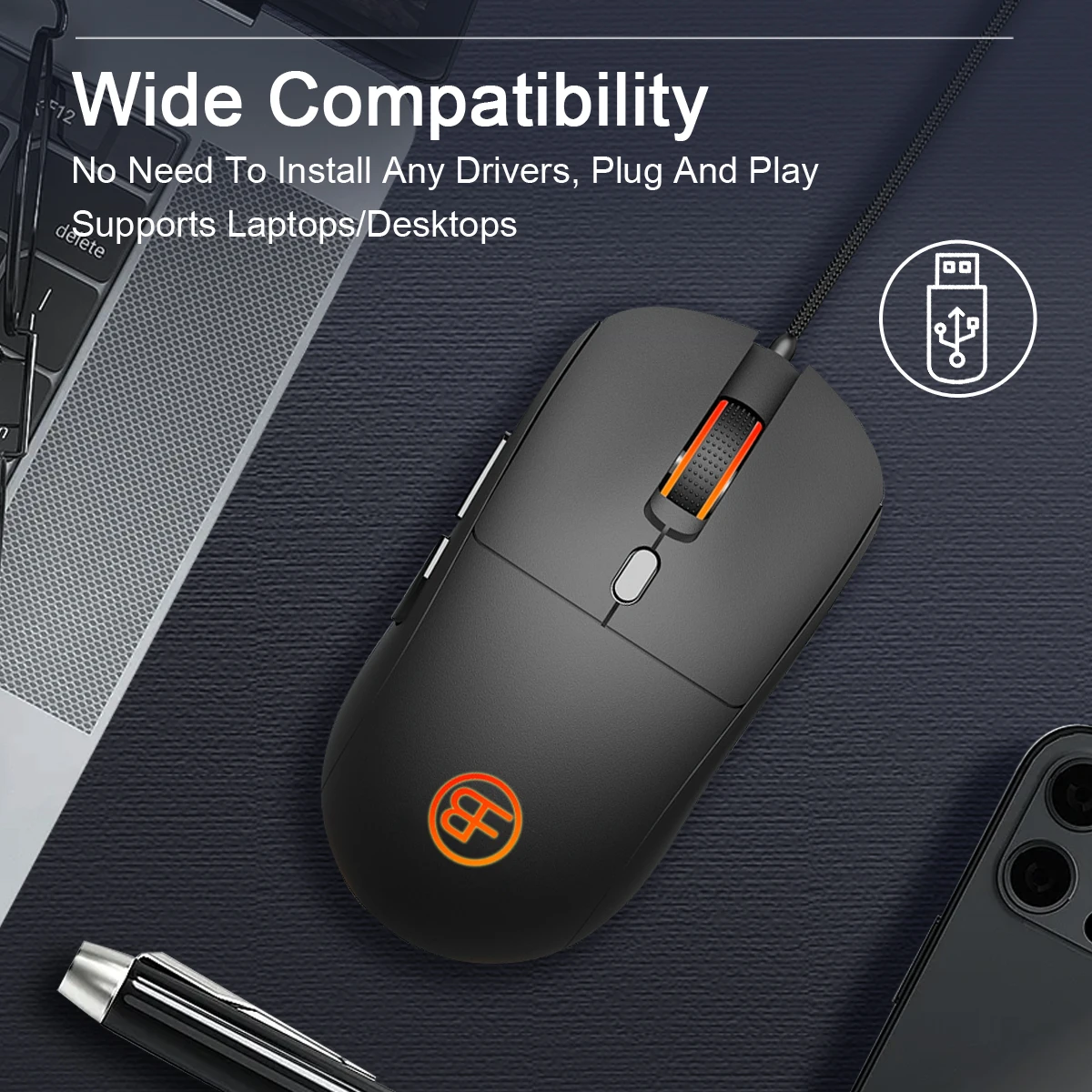 Kabelgebundene Maus, USB-Kabel, optische Maus, ergonomisch, 7200 DPI, verstellbar, 6 Tasten, Büromäuse für PC, Laptop, Computer, MacBook, Gamer Image