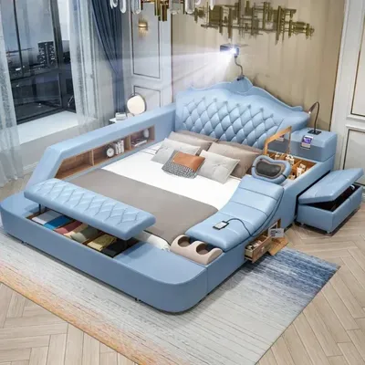 Cute Multifonction Modern Double Bed Queen Size Bedroom King Double Bed Faux Leather Smart Nordic Cama Matrimonial Furniture