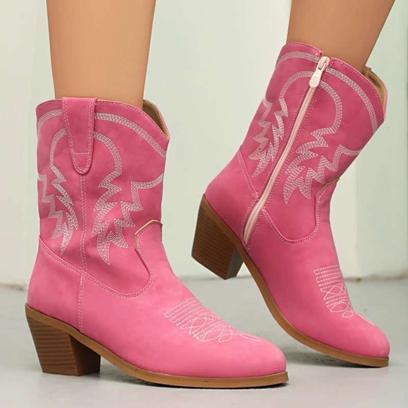 Vintage-Stiefeletten für Damen, Schwarz, Rosa, Western, kurze Cowboys-Stiefel, niedrige Absätze, Party-Schuhe, Dame, große Größe 45, neue 2024-Winterschuhe