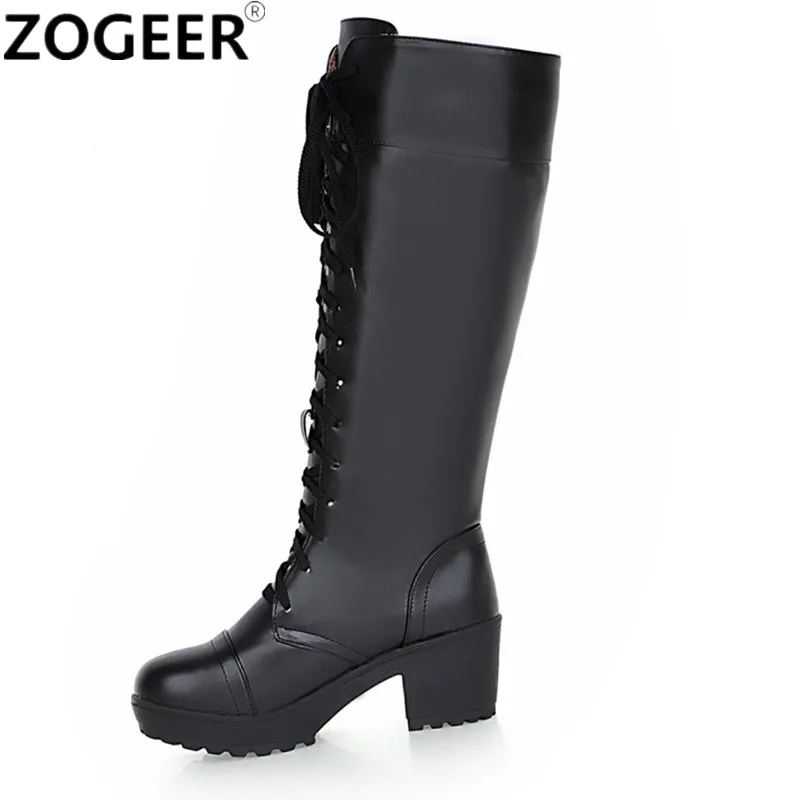 Winter-Schneestiefel für Damen, modisch, kniehoher Stiefel, lässig, Punk-Absätze, Schnürung, Schwarz, Weiß, Schuhe, lange Schuhe, Damen, große Größe 45–48