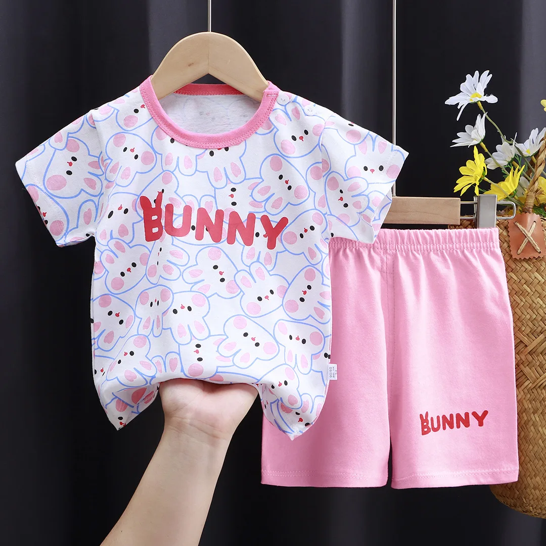 Sommer Baby Mädchen Kurzarm Anzug Bunny Druck Baumwolle Kurzarm Top + Shorts 2 stücke Set Kinder Mädchen Kinder rosa Pyjamas Anzug Image
