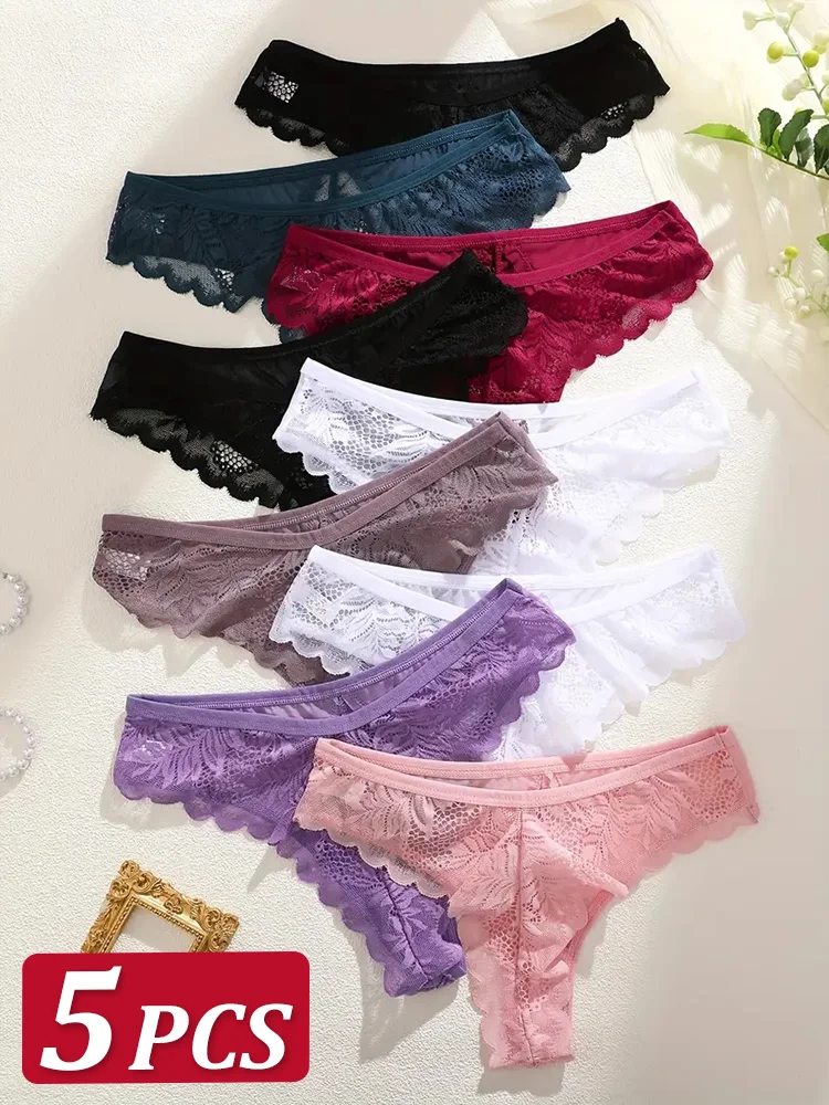 5Pcs Sexy Spitze Thongs für Frauen Solide G-String Höschen Floral Perspektive Unterwäsche Weibliche Weiche Atmungsaktive Menstruations Dessous Image