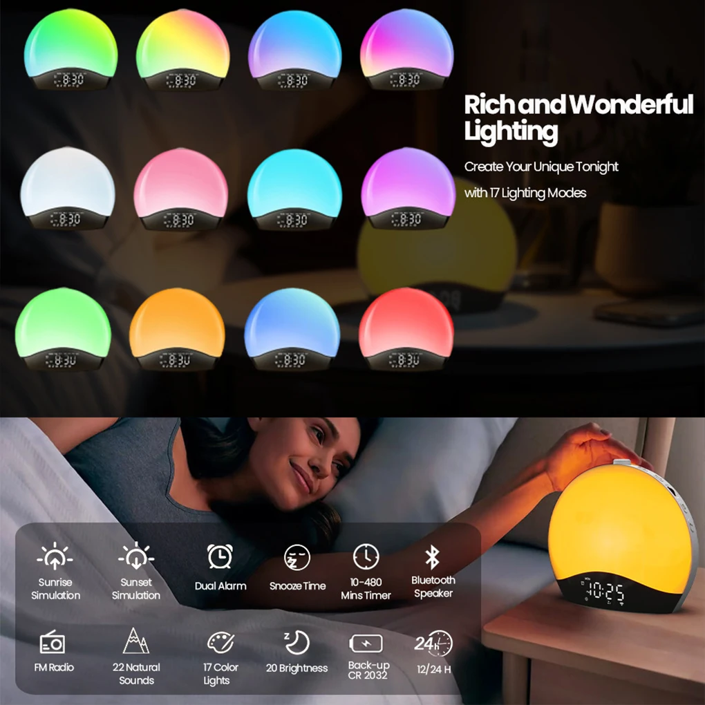 Multifunktionsuhr Awakening Wake Up Sonnenaufgangswecker, dimmbar mit 3-Ring, 8 Nachtlichter, 26-Ton-Schlaftimer, Nachtlicht