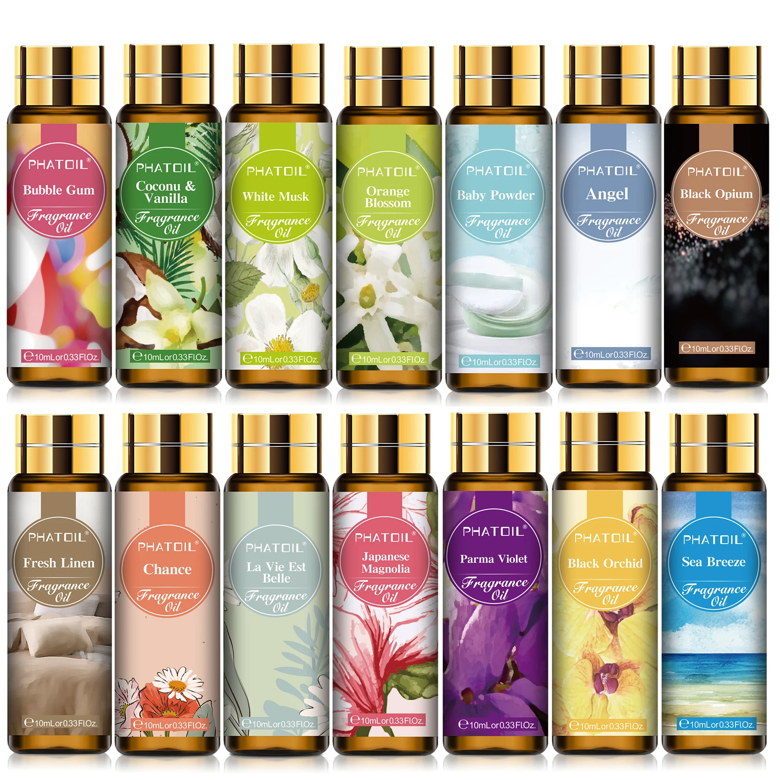 PHATOIL 10 ml Duftöl mit Pipette, weißer Moschus, Kaugummi, Meeresbrise, Vanille und Kokosnuss, Kaffee, Aromatherapie-Duftöle Image