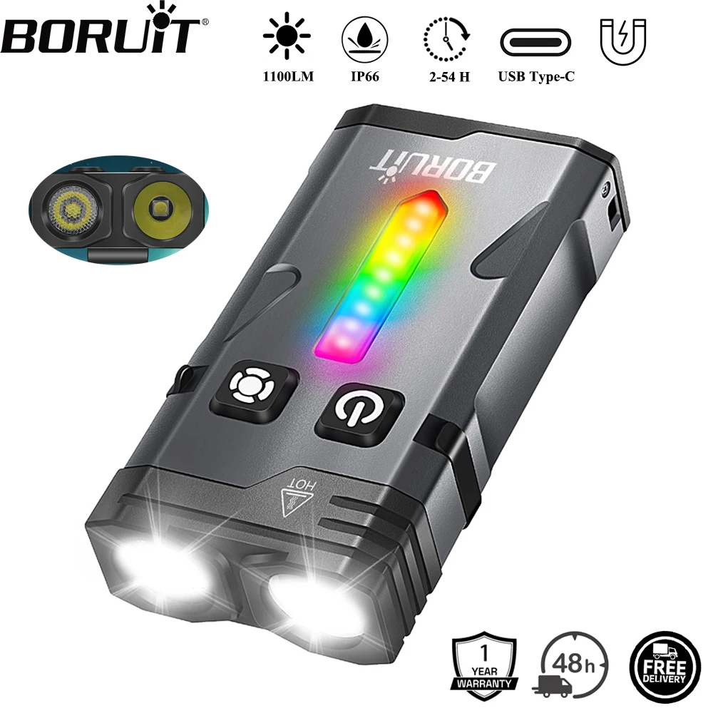 BORUiT EV10 1100LM LED-Schlüsselanhänger-EDC-Taschenlampe Typ C wiederaufladbare Arbeitslicht-Taschenlampe mit Magnet für Camping-Taschenlaterne Image