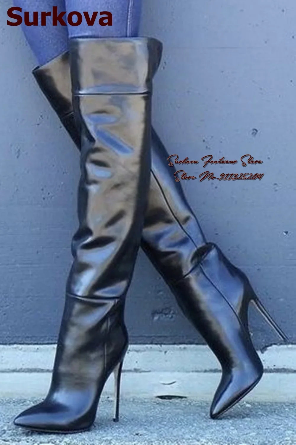 Surkova schwarz rosa braun matt Overknee-Stiefel Reiß verschluss dünne High Heel spitze Zehen lange Stiefel Slim Fit gespaltene Abends chuhe Image