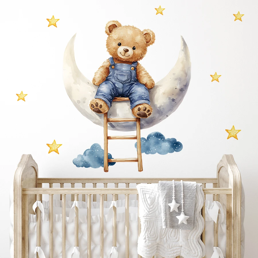 1 Stück PVC abnehmbare Wandaufkleber für Kinderzimmer Baby Home Decor Cartoon Mond Bär Stern Wandtattoos Schlafzimmer Dekoration