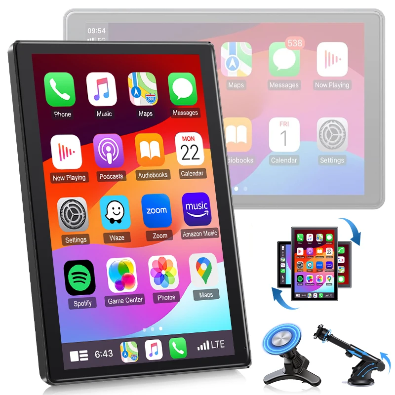 Schermo Carplay wireless da 8 pollici per auto, autoradio portatile Android Auto, schermo orizzontale e verticale, navigazione, Bluetooth, Siri
