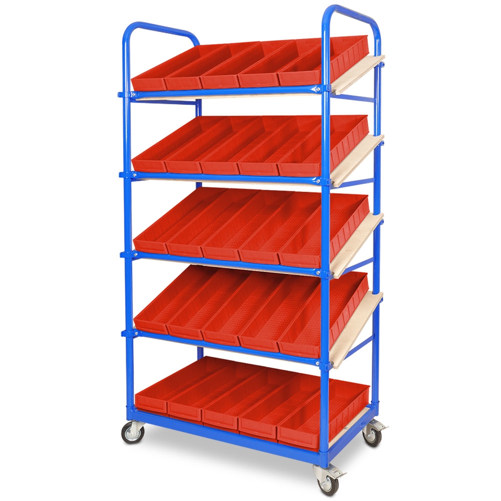 BRB Schrägboden-Regalwagen mit 5 Ebenen, BxTxH 1050x500x1880 mm, 4 Lenkrollen, 2 Rollen mit Feststellbremse mit 25 Regalkästen Image