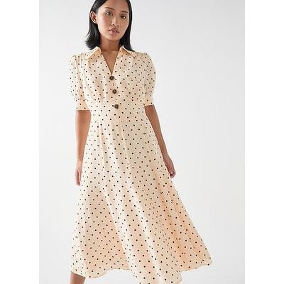 Sophie Petite Birch & Black Polka Dot Print Collared Dress, Cream