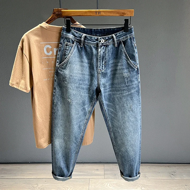 Neue Ausgefranste Jeans Männer Baggy Persönlichkeit Verjüngt Casual Hosen Street Hip Hop Vintage Blau Denim Hosen Männlichen Trendy Marke