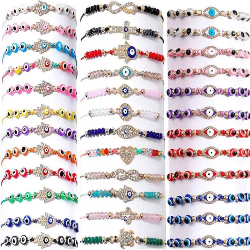 12Pcs Evil Eye Glück Armband Set Für Frauen Kristall Hand Kreuz Charme Einstellbare Seil Kette Wrap Armreif Männer Fashion Party schmuck Image