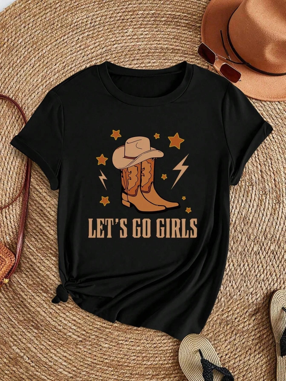 Casual Frauen T-Shirt Vintage Cowboy Let'S Go Mädchen Druck Kurzarm Teessummer Street Fashion Tops Oansatz Weibliche Kleidung Image