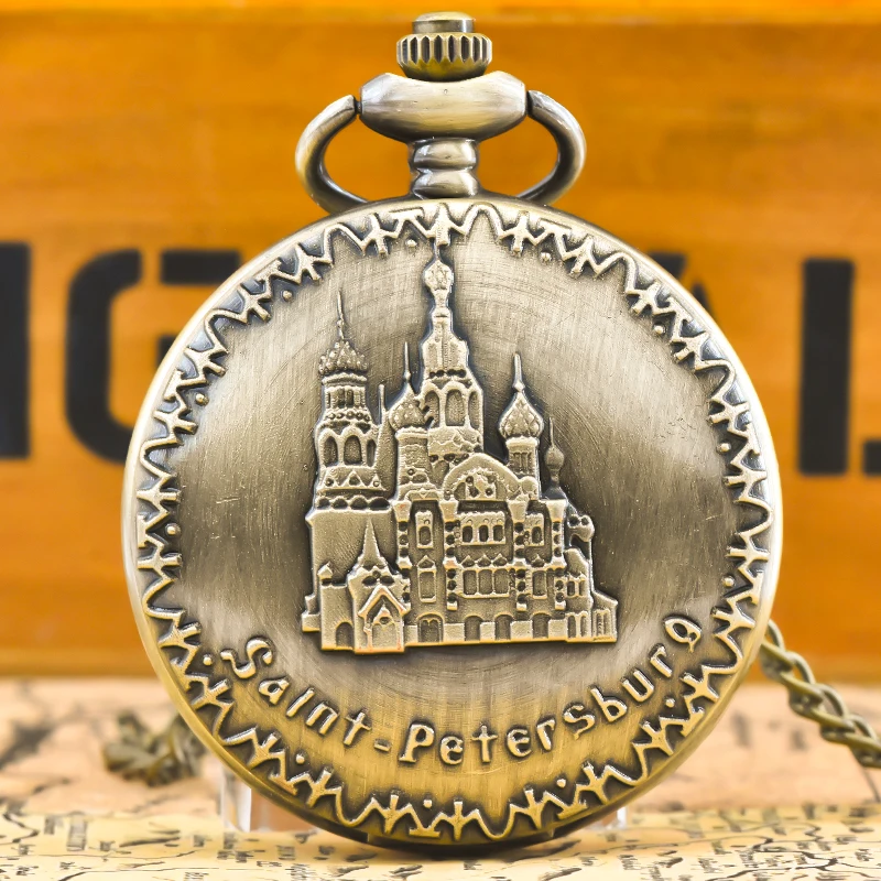 Vintage Bronze Steampunk St. Petersburg geschnitzt Quarz Taschenuhr Halskette Anhänger Uhr Kette Männer Frauen Kette Geschenk Image