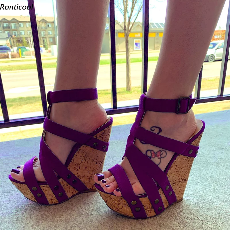 Ronticool Handgemachte Frauen Sommer Gladiator Plattform Sandalen Knöchel Riemen Keile Ferse Offene spitze Ziemlich Blau Kleid Schuhe UNS Größe 5-20