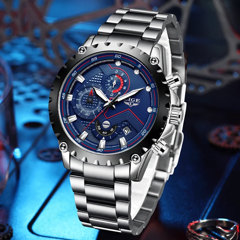 LIGE Luxus herren Uhren Edelstahl Band Mode Wasserdichte Quarzuhr Für Mann Kalender Männliche Uhr Reloj Hombre + Box Image