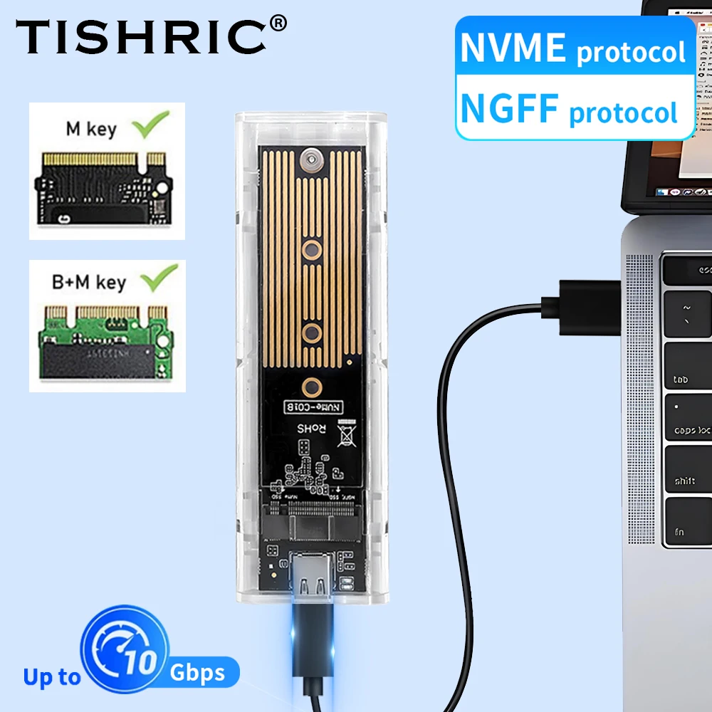 TISHRIC 10 Gbit/s SSD NGFF NVME M2 Externes Festplattengehäuse M.2 bis USB 3.1 Typ C Dual Protocol Festplattengehäuse für Gaming Image