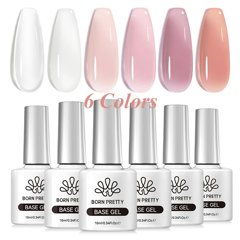 BORN PRETTY 6 Stück 10 ml Faser-Gummi-Basis-Gel-Nagellack, rosa, weiß, klarer Lack für die Nagelreparatur, semi-permanentes Gel zum Einweichen Image